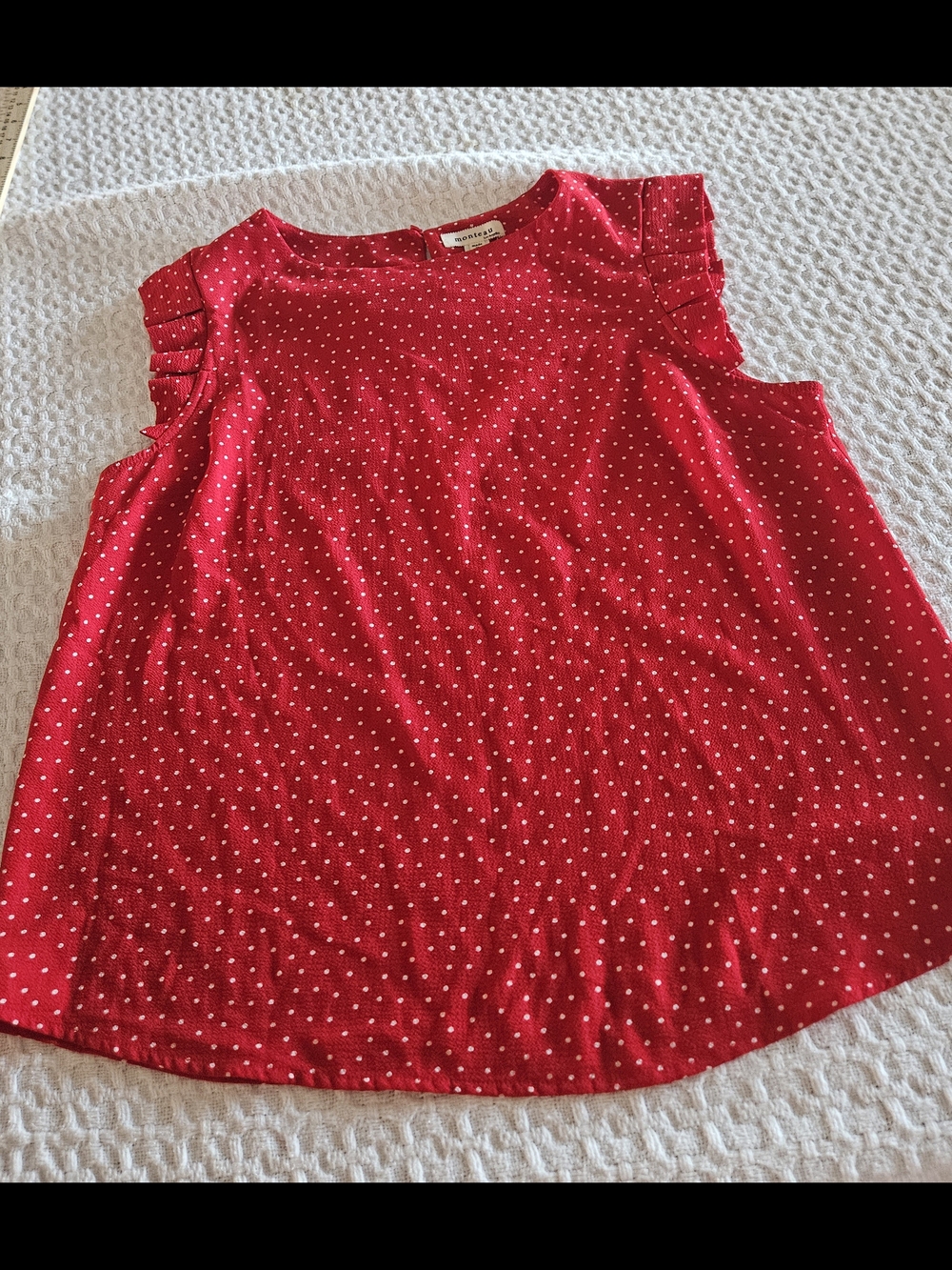 Monteau Red Sleeveless Polka Dot Blouse with Ruffle Shoulders